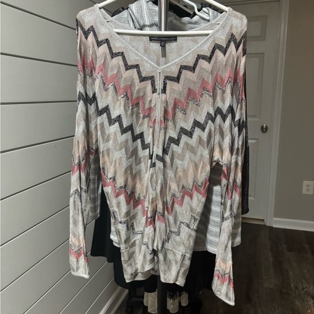 White House Black Market Zigzag Button Down Shirt - Pink, Black, Cream